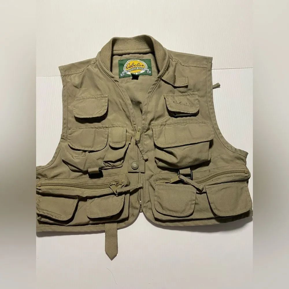 Cabela's beige outdoor gear multi-pocket fishing hunting Vest Pockets S/M
